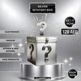 Silver mystery box with question marks on a gray background, featuring text about product categories and price.